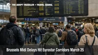 Brussels Midi delays show waiting rail passengers under departure boards as Eurostar corridor disruption hits March 25 travel