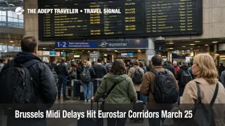 Brussels Midi delays show waiting rail passengers under departure boards as Eurostar corridor disruption hits March 25 travel