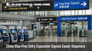 China visa-free entry signage at Beijing airport transfer hall showing the process point for stopover and transit travelers