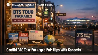 Contiki BTS tour packages promoted in Seoul, linking concert travel with guided South Korea trip planning