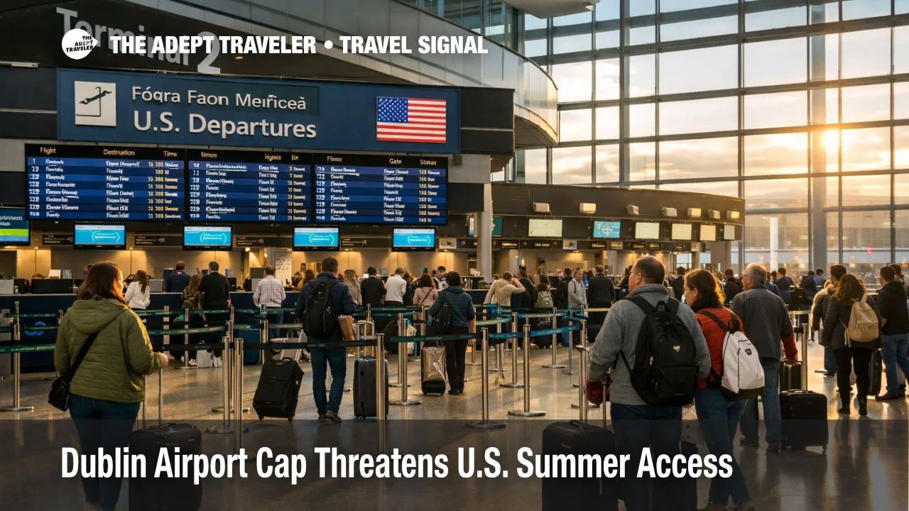 Dublin Airport cap dispute shown in Terminal 2 as U.S. bound travelers queue beneath long haul departure boards