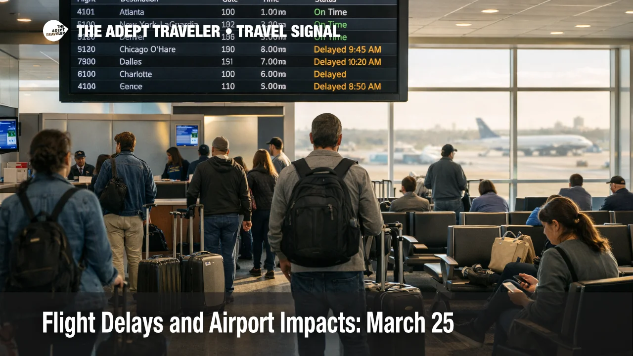Flight delays and airport impacts at Tampa show travelers waiting under departure boards during a localized March 25 delay day