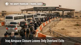 Travelers queue at the Iraq Jordan border during Iraq airspace closure as overland exits replace flights