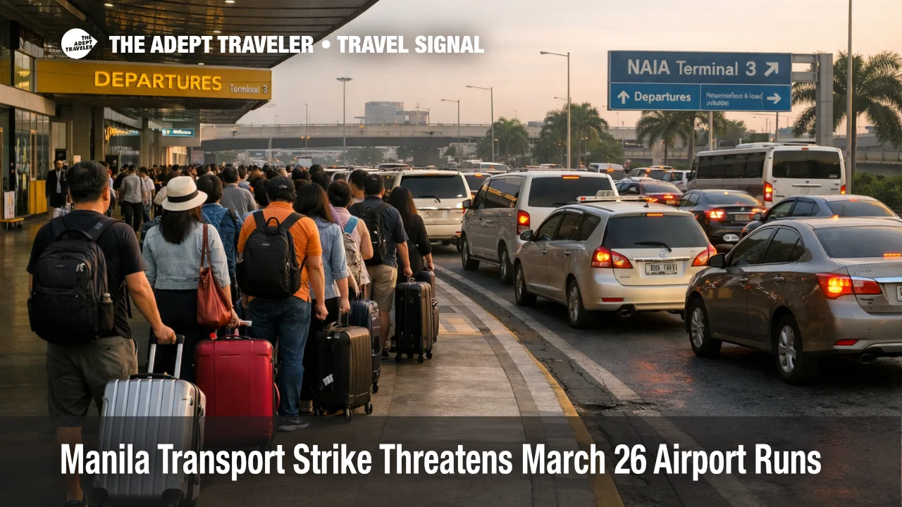 Manila transport strike slows Ninoy Aquino International Airport drop off traffic as travelers queue outside departures