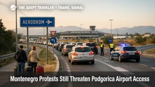 Traffic bottleneck near Podgorica Airport reflects the airport access risk from Zeta protests in Montenegro