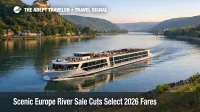 2026 Europe river cruise sale visual showing a Scenic style ship sailing the Rhine near Koblenz in spring light