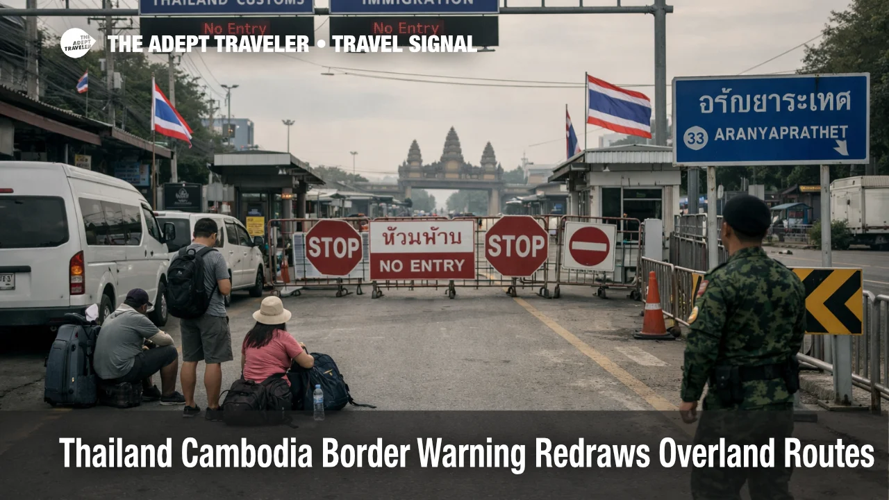 Thailand Cambodia border warning shows a closed overland checkpoint near Aranyaprathet disrupting cross border travel routes