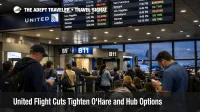 United flight cuts at Chicago O'Hare shown by crowded gates and departure boards as schedule flexibility tightens