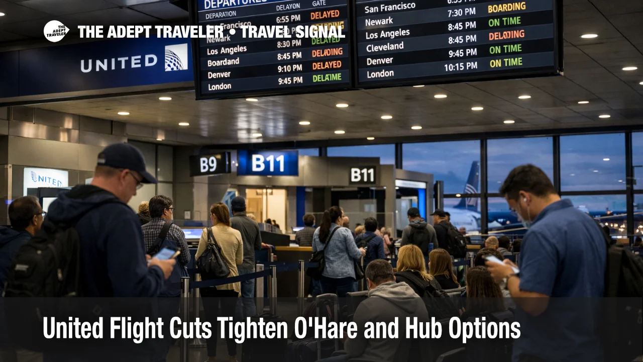 United flight cuts at Chicago O'Hare shown by crowded gates and departure boards as schedule flexibility tightens