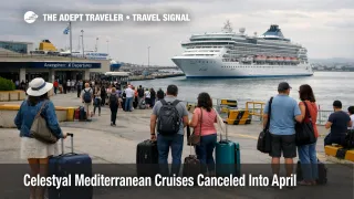 Travelers wait near Piraeus as Celestyal Mediterranean cruise cancellations disrupt early April Greece departures