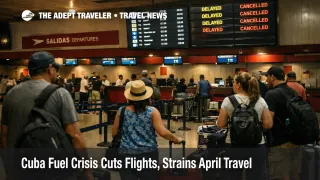 Travelers wait under dim lighting at Havana airport as the Cuba fuel crisis disrupts flights and on island transport