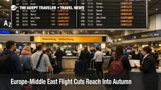 Europe Middle East flight cuts shown on Frankfurt departure boards as travelers wait near rebooking counters