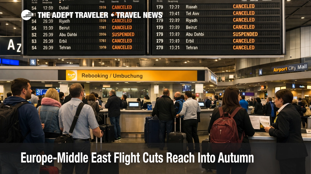 Europe Middle East flight cuts shown on Frankfurt departure boards as travelers wait near rebooking counters