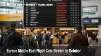 Europe Middle East flight cuts shown on a Frankfurt departures board with canceled Middle East routes and waiting travelers