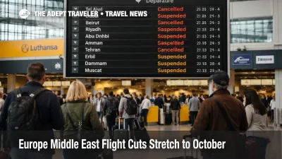 Europe Middle East flight cuts shown on a Frankfurt departures board with canceled Middle East routes and waiting travelers