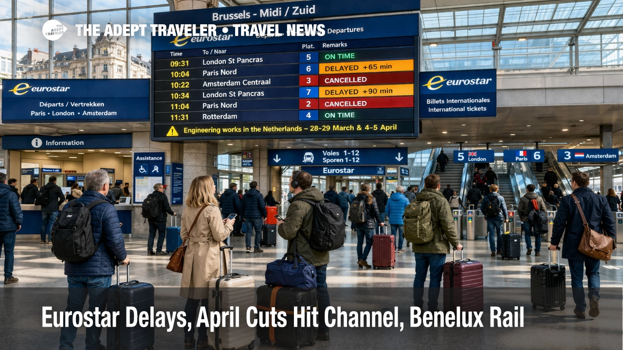 Eurostar delays and cancellations at Brussels Midi show travelers facing March 26 disruption and April Benelux cuts