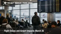 March 26 flight delays at LaGuardia show waiting travelers and departure boards during a windy New York disruption day
