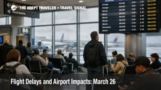 March 26 flight delays at LaGuardia show waiting travelers and departure boards during a windy New York disruption day