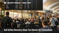 Passengers wait beneath departure screens at Dubai International as Gulf airline recovery remains uneven for connections
