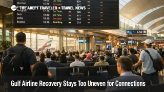 Passengers wait beneath departure screens at Dubai International as Gulf airline recovery remains uneven for connections