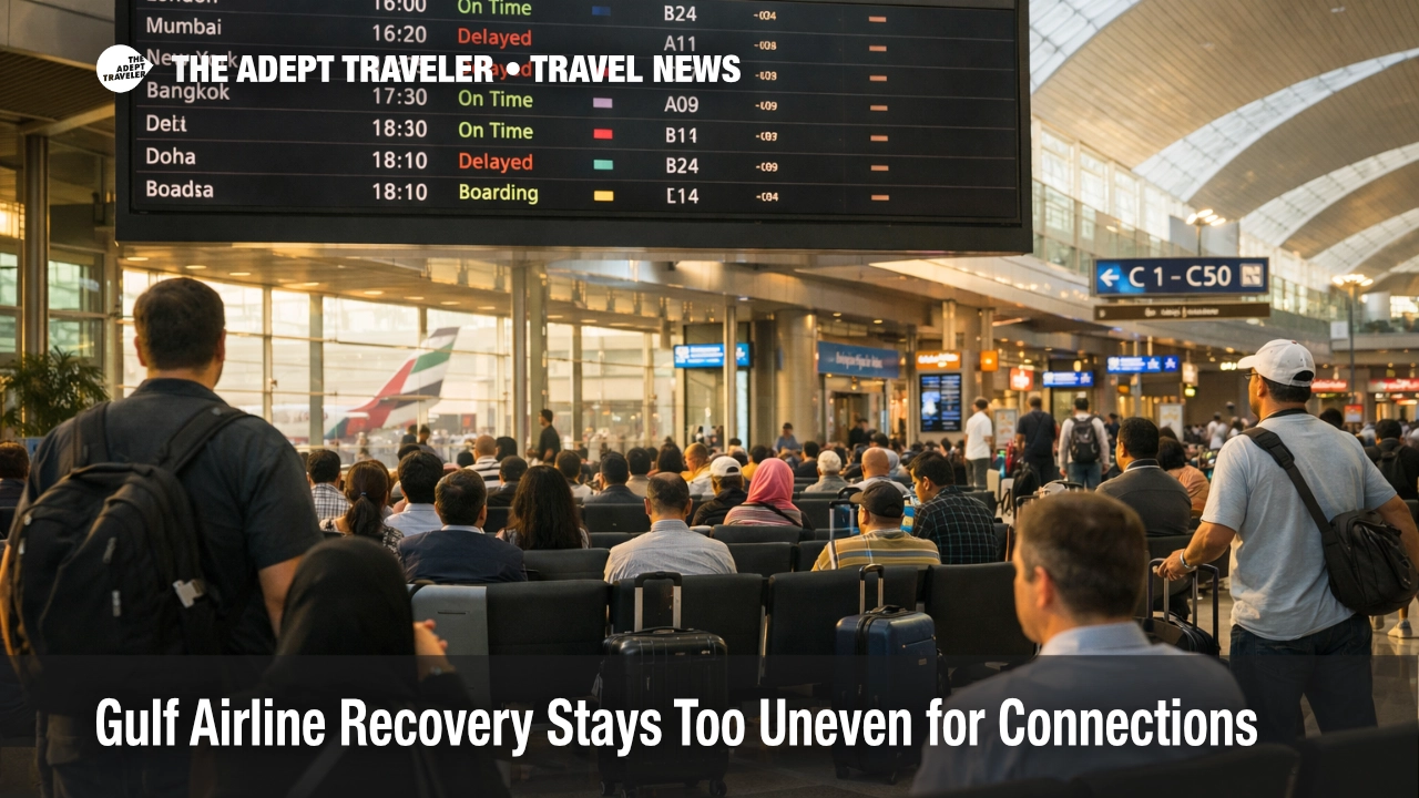 Passengers wait beneath departure screens at Dubai International as Gulf airline recovery remains uneven for connections