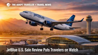 JetBlue U.S. sale review image showing a JetBlue plane taking off above a modern airport terminal at sunset