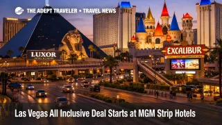 Las Vegas all inclusive deal at Luxor and Excalibur on the south Strip, shown in a realistic dusk hotel scene