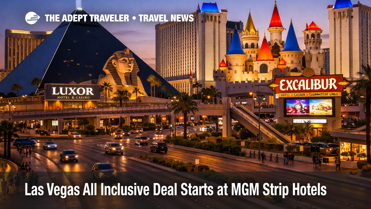 Las Vegas all inclusive deal at Luxor and Excalibur on the south Strip, shown in a realistic dusk hotel scene
