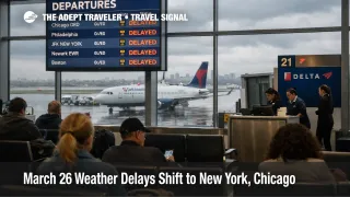 March 26 weather delays slow New York flights as travelers wait beneath delay screens inside LaGuardia Airport