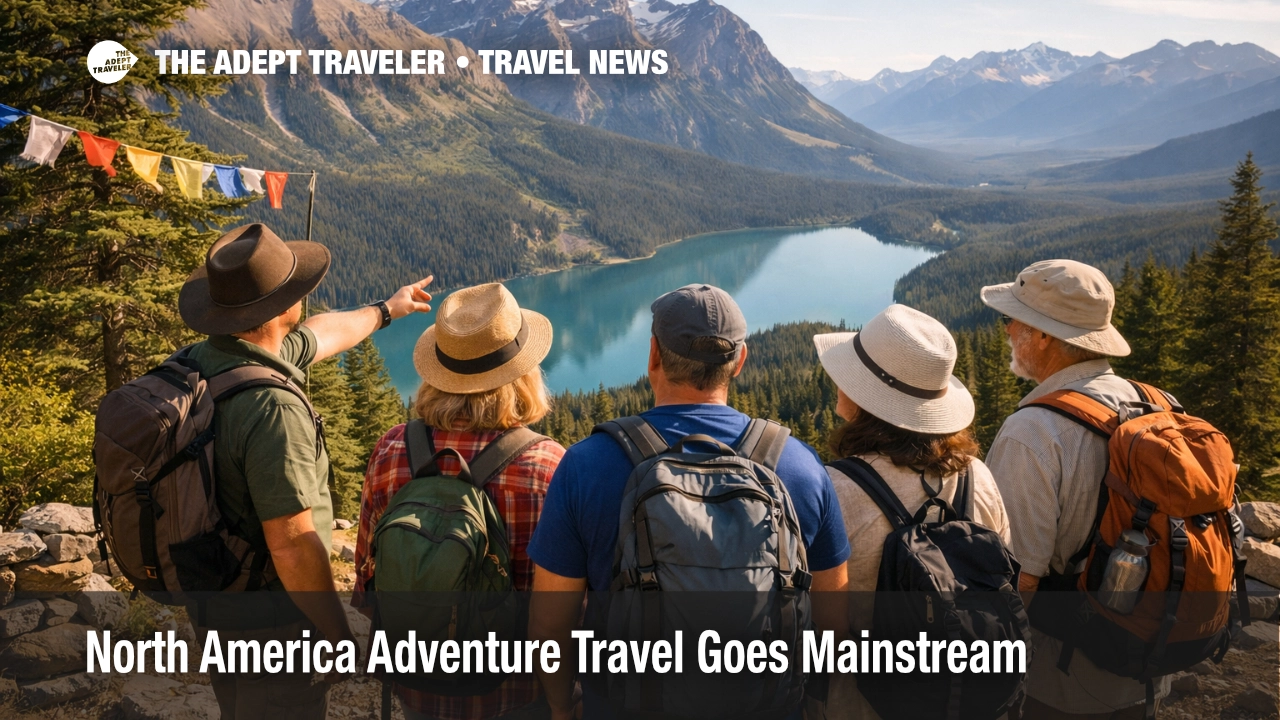 North America adventure travel shifts mainstream as travelers hike above a Banff lake on an accessible guided outing