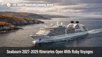 Seabourn 2027-2029 itineraries launch with a luxury cruise ship sailing near Red Bay, Canada, during fall season planning