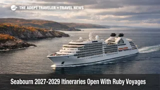 Seabourn 2027-2029 itineraries launch with a luxury cruise ship sailing near Red Bay, Canada, during fall season planning