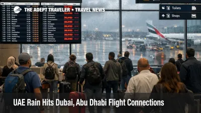 UAE airport rain delays at Dubai International show waiting travelers, delay boards, and wet ramps during March 26 disruption