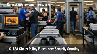 TSA shoes policy scrutiny shown at a U.S. airport security checkpoint with screening bins, officers, and travelers in line