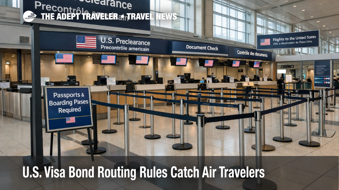 U.S. visa bond routing rules shown at a preclearance airport check in area where air only entry and exit planning matters