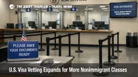 U.S. visa vetting expansion shown at a consular interview area where applicants face added social media review steps