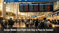 Europe Middle East flight cuts shown by waiting travelers and departure screens at Dubai International Airport