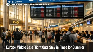 Europe Middle East flight cuts shown by waiting travelers and departure screens at Dubai International Airport