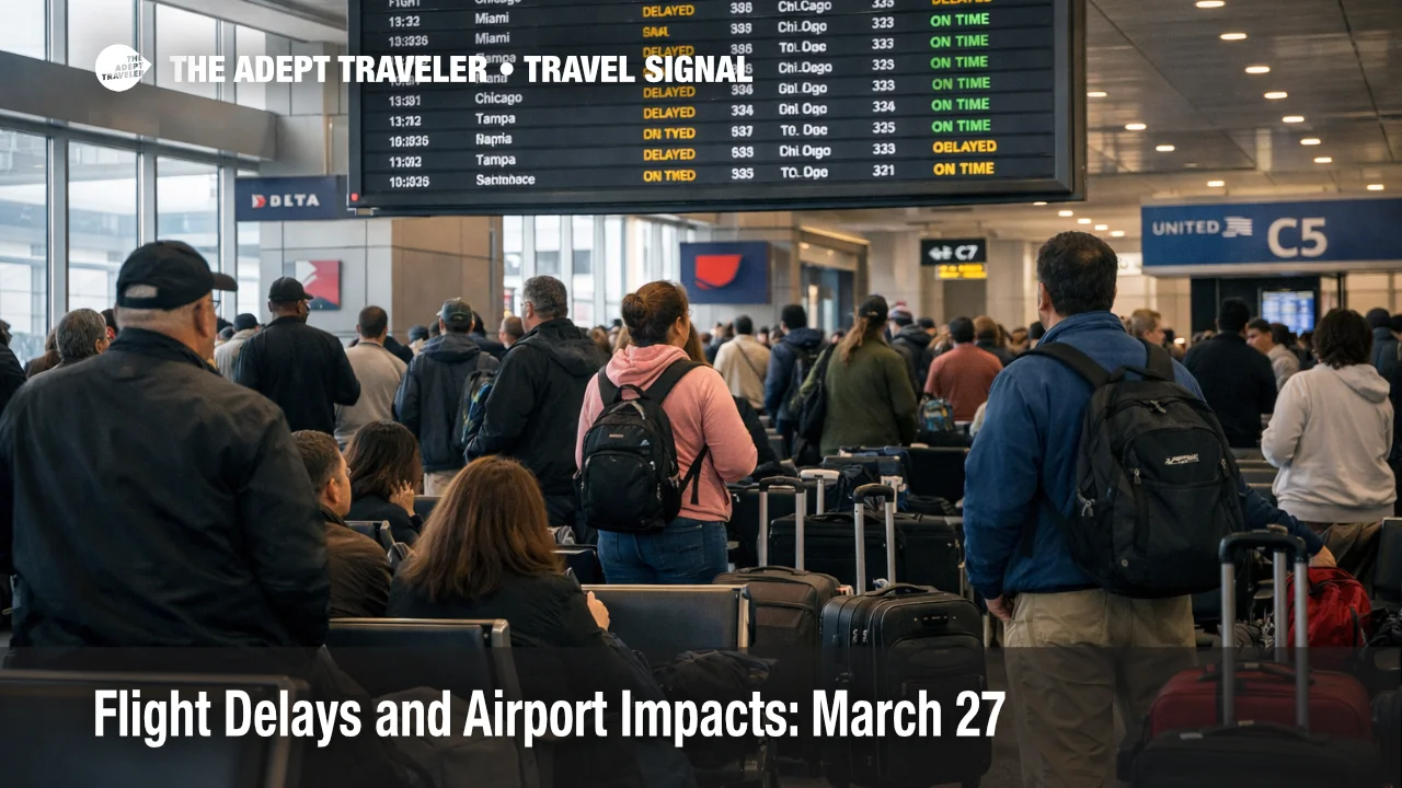 March 27 flight delays at LaGuardia show travelers waiting under delay screens during a slower New York airport day