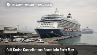 Gulf cruise cancellations at Dubai port show stranded ships and delayed spring departures on Europe bound itineraries.