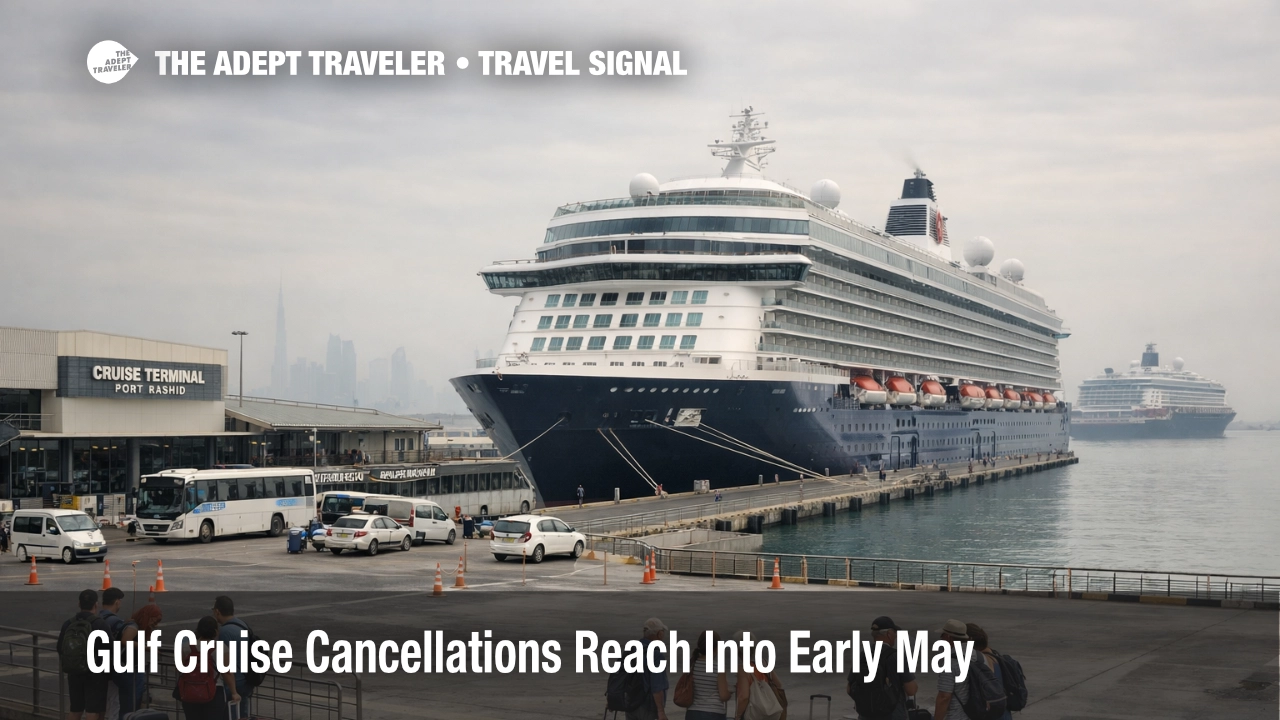 Gulf cruise cancellations at Dubai port show stranded ships and delayed spring departures on Europe bound itineraries.