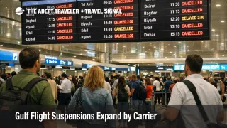 Gulf flight suspensions shown by waiting travelers and disruption screens inside Dubai International Airport