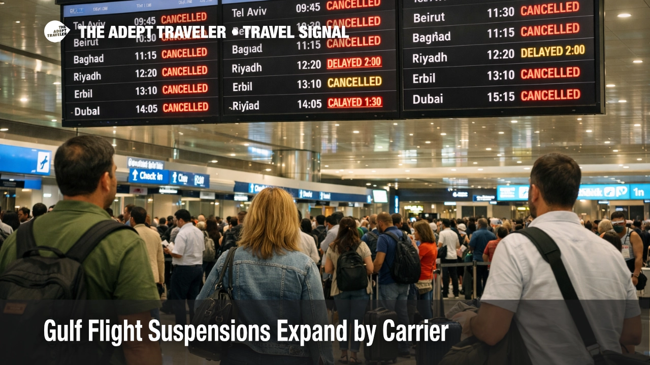 Gulf flight suspensions shown by waiting travelers and disruption screens inside Dubai International Airport