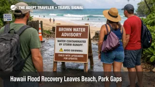 Hawaii flood recovery travel on Oahu shows a beach access advisory as visitors check post storm conditions