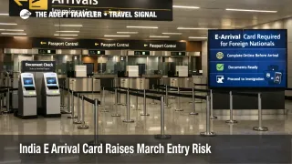 India e-arrival Card processing area at Delhi airport showing immigration lanes and digital document checks before entry