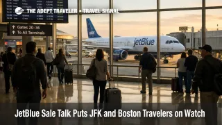 JetBlue sale review scene at JFK shows travelers in a terminal beside a parked aircraft, signaling route and loyalty uncertainty