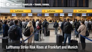Lufthansa strike risk at Frankfurt Airport shown by check in queues and tense cabin crew disruption conditions