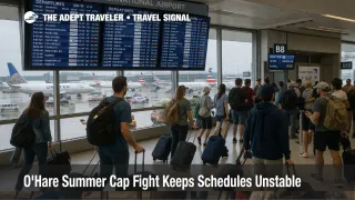 Travelers wait under screens at O'Hare as the summer flight cap debate keeps Chicago schedules uncertain