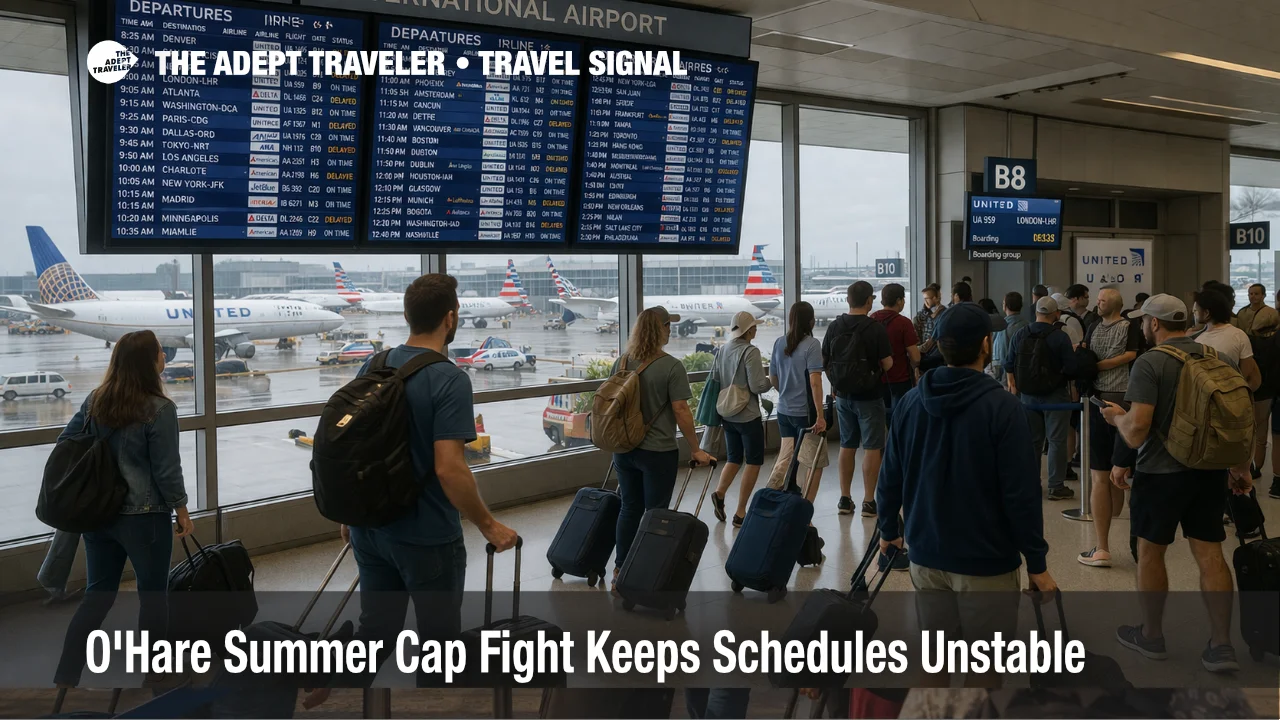 Travelers wait under screens at O'Hare as the summer flight cap debate keeps Chicago schedules uncertain