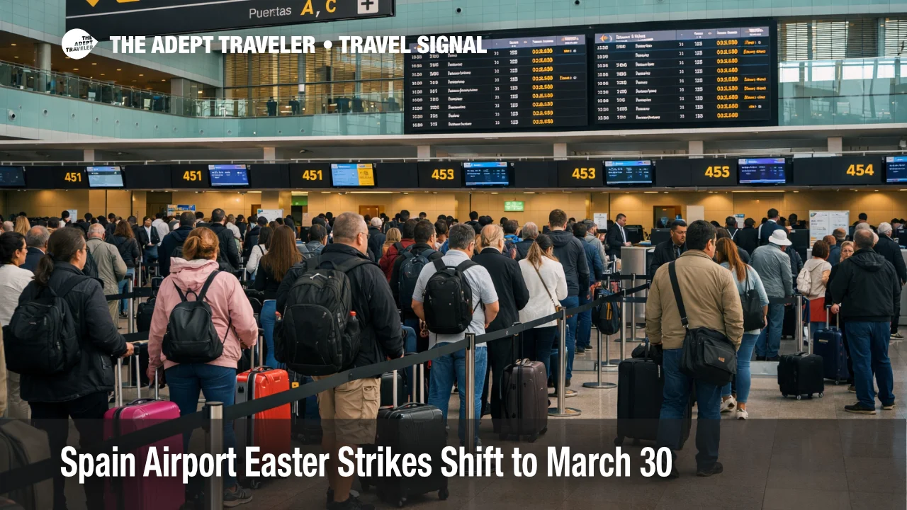 Spain airport Easter strikes show long check in lines at Barcelona El Prat as March 30 and April 2 to 6 risks rise